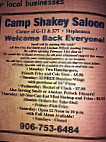 Camp Shakey Saloon menu