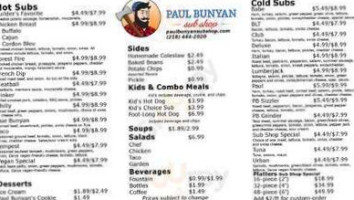 Paul Bunyan Sub Shop menu