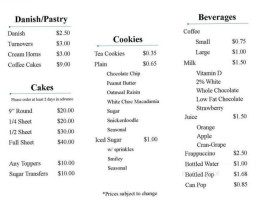 Ross Bakery menu