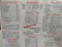 Willy's Drive-in menu
