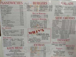 Willy's Drive-in menu