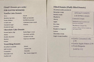 Cloud 9 Donuts menu