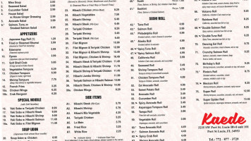 Kaede Hibachi Japanese menu