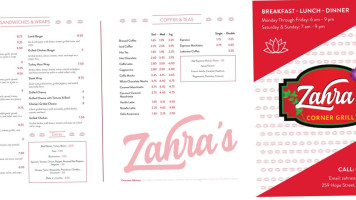 Zahra's Corner Grill menu