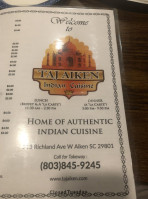 Taj Aiken Indian Cuisine menu