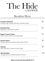 The Hide Lounge menu