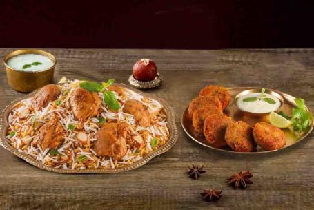 Hyderabadi Frango Biryani (Picante Lazeez Bhuna Murgh, Serve 2) Murgh Haleem Kebab (6Pcs)
