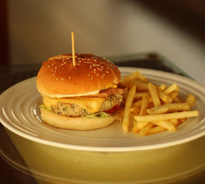 Cheesy Chicken Burger French Fries With Masala