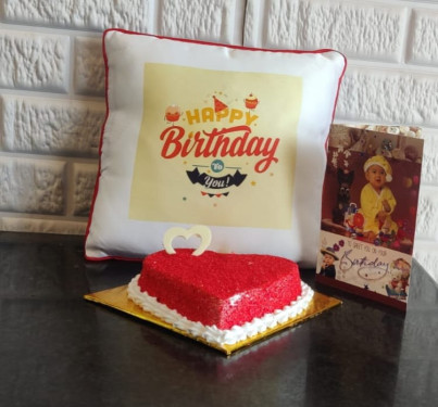 Red Velvet Cake With Cushion And Greeting Card