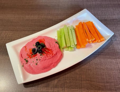 Beetroot Hummus With Carrot Sticks Cucumber