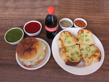 Cheese Chilli Garlic Bread [4 Pieces] With Veg. Aloo Tikki Burger And Two Bottles Coke [250 Ml]