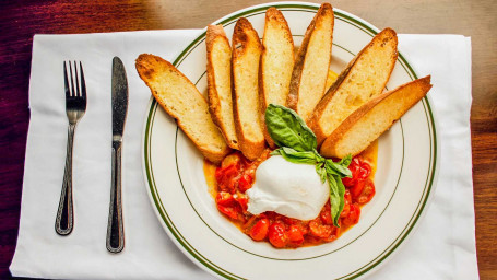 Burrata, Blistered Tomatoes, Garlic Crostini