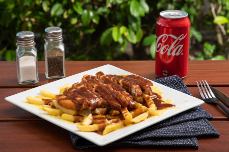 Chicken Schnitzel, Gravy And Cheese Loaded Fries