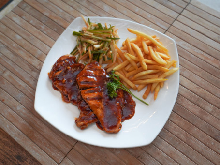 Bbq Chicken Breast Served With Fries Tangy Cucumber Salad