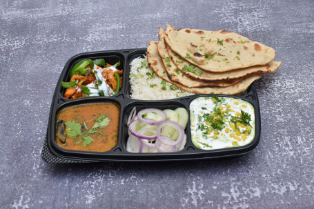 Gobhi Capsicum Dal Tadka Choice Of Rotis Rice Raita Salad