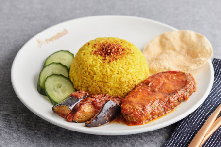 Nasi Kunyit With Asam Fish And Eggplant