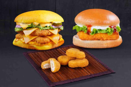 Combo Of Double Decker Chicken Burger And Smoky Chipotle Chicken Burger With Free Nuggets