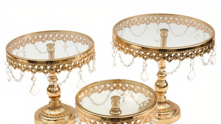 3 Pc Round Cake Stand Gold Set W/ Crystals