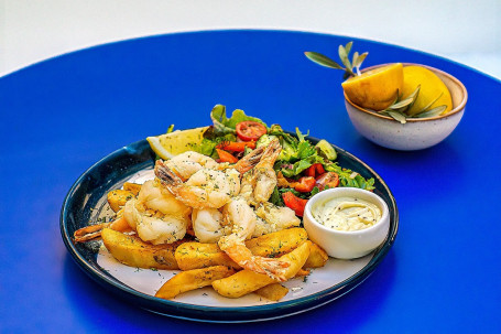 Prawn Cutlets, Chips And Salad