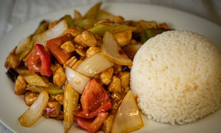 Kung Po Diced Chicken With Peanuts In Chili Sauce On Rice