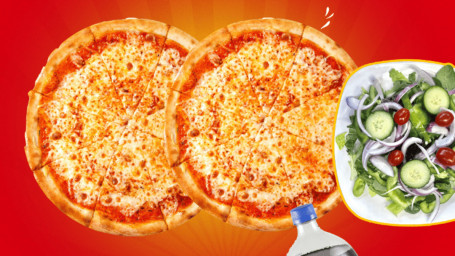 2 Large Cheese Pizzas Classic Salad , 2L Soda