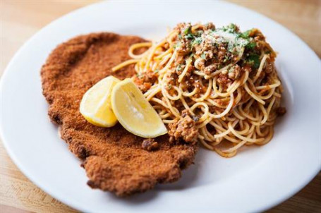 Chicken Schnitzel And Spaghetti Bolognaise