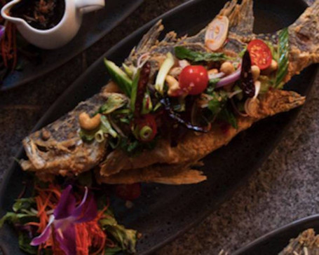 Crispy Baby Barramundi With Thai Herb Spicy Seafood Sauce