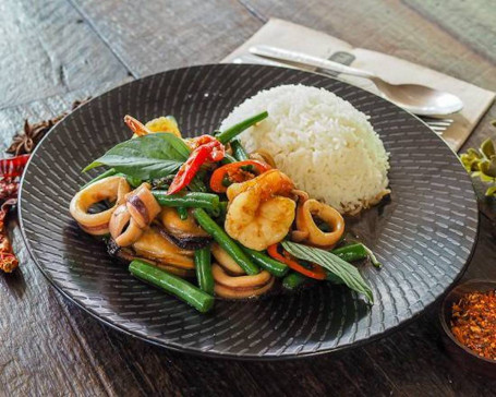 Mixed Seafood Sweet Basil Stir Fry With Rice