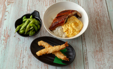 Meal H (Unagi Scramble Egg On Rice, Eby Fry And Edamame Beans)