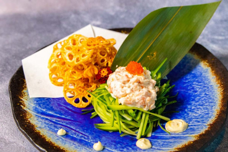 Salmon Belly Tartar With Salmon Caviar And Lotus Chips