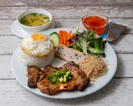 Broken Rice With Shredded Pork, Pork Chop, Steamed Pork Load And Fried Egg