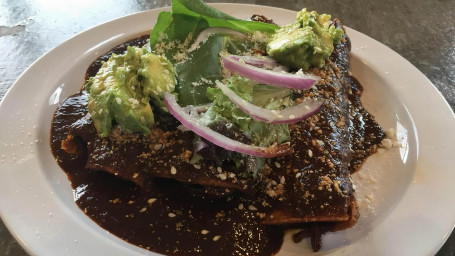 Chicken Mole Enchilada, Red Onions, Avocado Cotija Cheese (1)