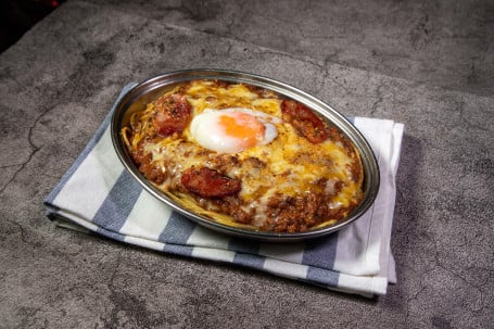 Pú Guó Cháng Wēn Quán Dàn Jú Ròu Jiàng Yì Fěn Baked Bolognese Spaghetti With Chorizo Onsen Egg