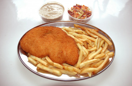 Chicken Schnitzel Mushroom Chips And Coleslaw