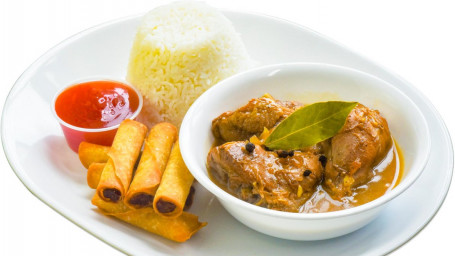 6. Chicken Adobo, Lumpiang Shanghai, Rice