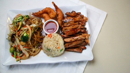5. Chicken Teriyaki, Two Pieces of Deep Fried Prawns, Pork Chow Mein, and Fried Rice