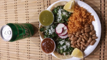 Three Tacos, Arroz (Rice), Frijoles (Beans), And Soda