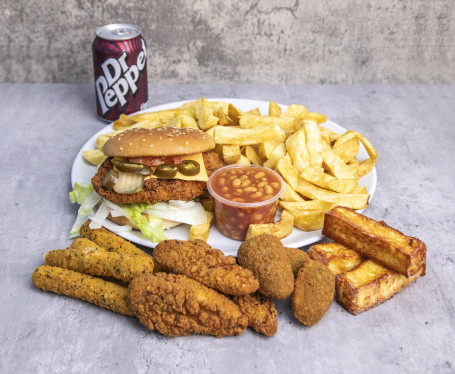 Rooster Chicken Fillet Burger Chips, A Side, 4Oz Sauce 330Ml Drink