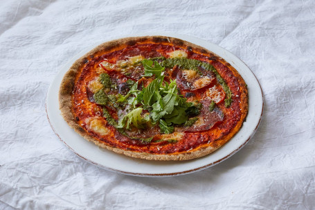 Organic Sourdough Pizza With British Mozzarella, Heritage Tomatoes, Milano Salami House Pesto