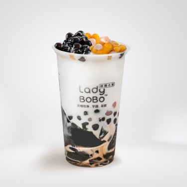 Xiān Nǎi Sān Zhòng Zòu Hēi Táng Zhēn Zhū Yù Yuán Xiān Cǎo Zhōng Trio Milk M With Brown Sugar Bubble, Yam Qq, Grass Jelly M