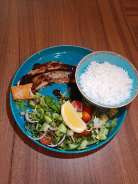 Grilled teriyaki salmon with salad and rice