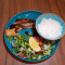 Grilled teriyaki salmon with salad and rice