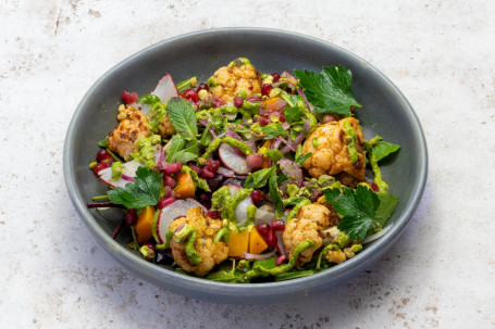 Roast Cauliflower, Butternut And Pomegranate Salad With Green Tahini Dressing