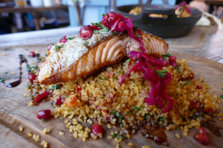 Grilled Fillet Of Salmon W/ Mixed Leaf Salad And Fries Or Tabbouleh