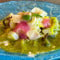 Aguachile Nikkei-style sea bass, pickled onion gel and roasted millet