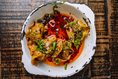 Gyoza (Prawn, Chicken, Vegetables, Sesame) Spring Onion Black Bean Chilli Oil