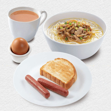 Zhà Cài Ròu Sī Tāng Mǐ Fěn． Pèi Shí Pǐn、 Duō Shì、 Chá Fēi Vermicelli W Pork Spicy Pickled Mustard． W Food． W Toast． W Tea Or Coffee