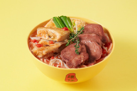 niú lì‧niàng dòu fǔ pèi hú jiāo xiān fān jiā tāng mǐ xiàn Ox Tongue Stuffed Tofu Mixian in Tomato Pepper Soup