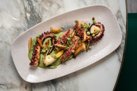 Seared Octopus With Pea Purée Roasted Vegetables