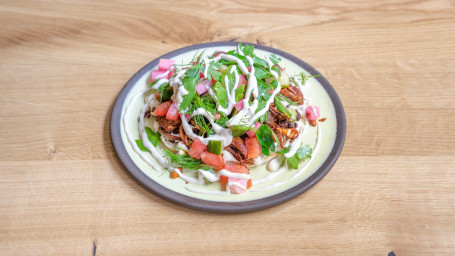 Hand Pulled Beef Shawarma With Dates Pine Nuts On Grilled Pita, Salad Of Tomatoes, House Pickles, Herbs Tahini (Df)